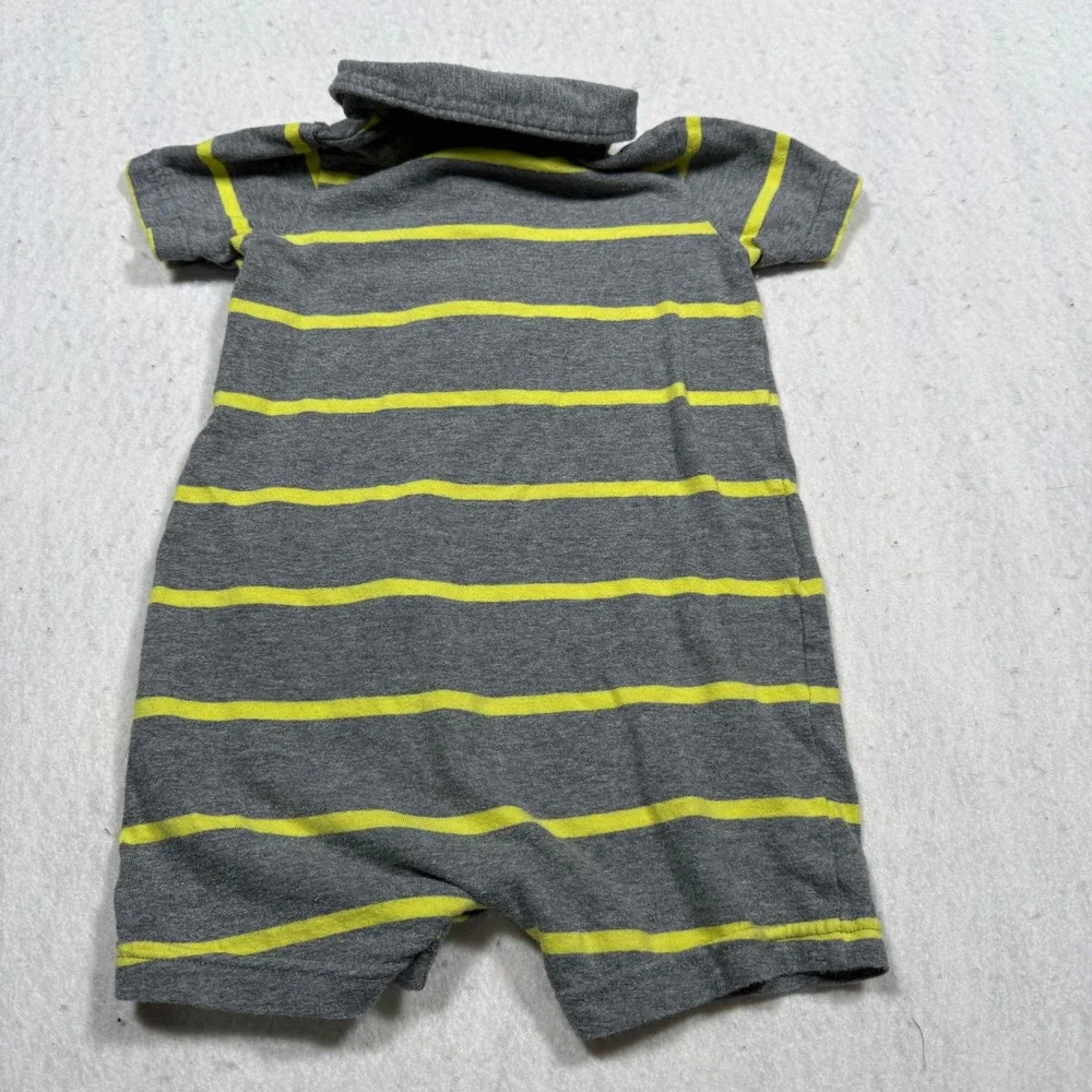 Carters Baby Boy Monkey Polo Romper Gray Yellow Striped 12 Months Short Sleeve